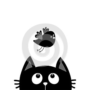 Black cat face head silhouette looking up to flying bird. Cute cartoon character. Kawaii animal. Baby card. Pet collection. Flat d