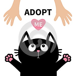 Black cat face looking up to human hand, paw print hug. Cute cartoon funny character. Kawaii animal. Adopt me. Pink heart. Helping photo