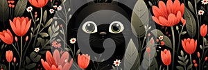 A black cat in a field of flowers, AI