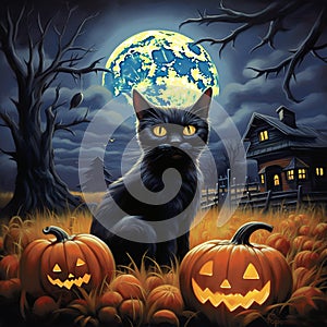 Black cat in a field surrounded by pumpkins under a full moon.