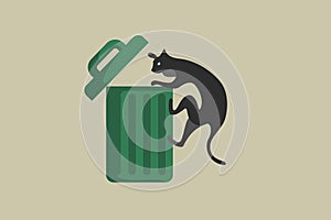 Black cat find food in the trash can vector illustration