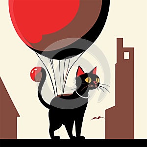 Black cat flying on a hot air balloon in the city.. AI generated