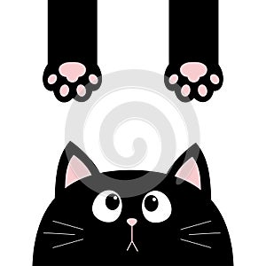 Black cat. Funny face head silhouette looking up. Hanging paw print, tail. Cute cartoon character. Kawaii animal. Baby card. Pet