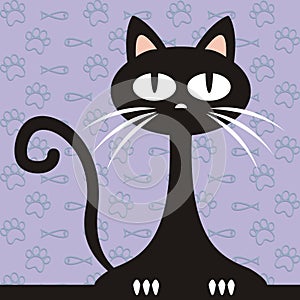 Black cat, funny vector illustration and background with fishes and paws