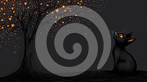 Black cat gazing at a mystical tree with glowing orbs dark background