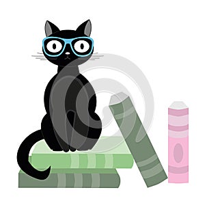 Black cat with glasses and books