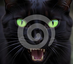 black cat with glowing eyes and bared teeth, appearing aggressive photo