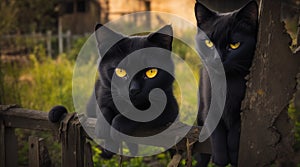 A black cat with glowing eyes sitting on a dilapidated fence