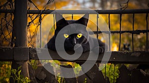 A black cat with glowing eyes sitting on a dilapidated fence