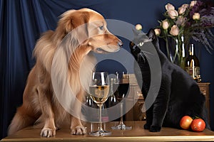 a black cat and golden retriever mingling at a cocktail party, with glasses of wine and champagne