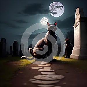 black cat in graveyard in spooky night ai generated