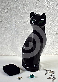 Black Cat with Green Eyes Knick Knack with Emerald Ring