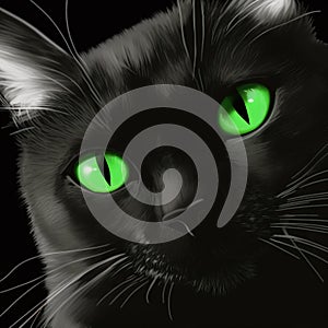 a black cat with green eyes looking at the camera with a black background and a black background with a white cat with green eyes