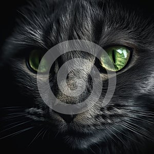 a black cat with green eyes looking at the camera with a black background with a black cat\'s face and green eyes and a black