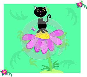 Black Cat with Green Leaf and Flowers Background