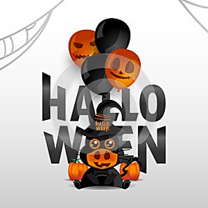Black cat halloween with balloon and pumpkin design