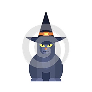 Black cat Halloween magic character in wizard hat minimal kids icon vector flat illustration