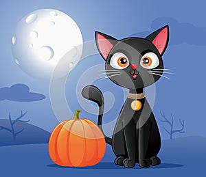 Black Cat with Halloween Pumpkin Vector Cartoon