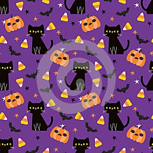 Black Cat and Halloween Pumpkins Seamless Pattern