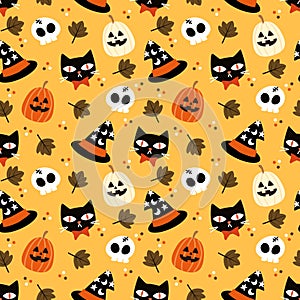 Black Cat  Halloween Pumpkins and Skull Seamless Pattern
