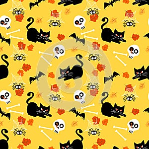 Black Cat and Halloween Skull Seamless Pattern