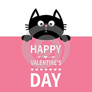 Negro gato colgante sobre el lámina indicador de dirección. lindo diseno de pintura ridículo gatito gatito escondite para. feliz Día de San Valentín. caligrafía volar 