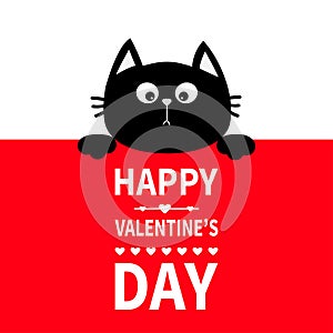 Negro gato colgante sobre el lámina indicador de dirección. lindo diseno de pintura ridículo gatito gatito escondite para. feliz Día de San Valentín. caligrafía volar 