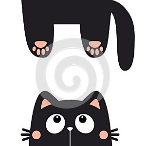 Black cat. Hanging body paw print, tail. Funny face head silhouette. Cute cartoon character. Kawaii animal. Baby card. Pet