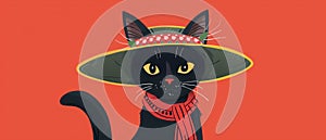 Black cat in the hat for Cinco de Mayo day. Celebration banner 7:3