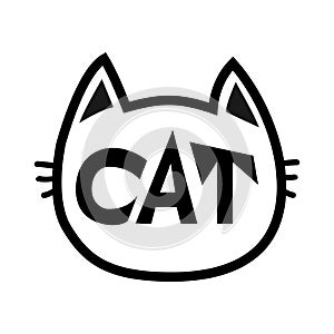 Black cat head face contour silhouette icon. Line pictogram. Cute funny cartoon character. Text lettering. Kitty kitten whisker Ba