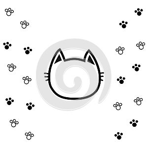 Black cat head face contour silhouette icon. Line pictogram. Empty temlate. Paw print track. Cute funny cartoon character. Kitty k