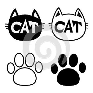 Black cat head face contour silhouette icon set. Line pictogram. Empty temlate. Paw print track. Cute funny cartoon character. Kit