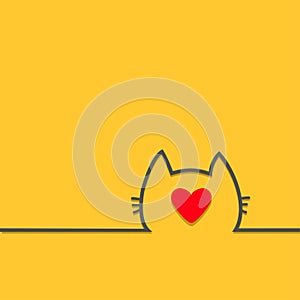 Black cat head face contour silhouette line icon. Big red heart. Cute cartoon character. Kitty kitten with whisker Baby pet Yellow