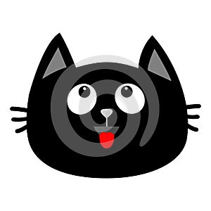 Black cat head face icon looking up. Red tongue. Surprised emotion. Cute cartoon character. Pet baby collection card. Flat design.