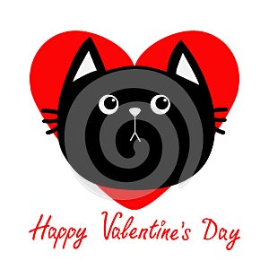 Black cat head icon. Red heart. Cute funny cartoon character. Happy Valentines day Greeting card. Sad emotion. Kitty Whisker Baby