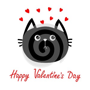 Black cat head icon. Red heart set. Cute funny cartoon character. Happy Valentines day Greeting card. Sad emotion. Kitty Whisker