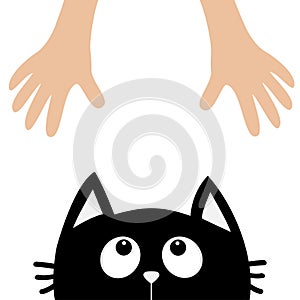 Black cat head looking up to human hand. Cute cartoon funny character. Kawaii animal. Adoption helping hands concept. Love Greetin photo