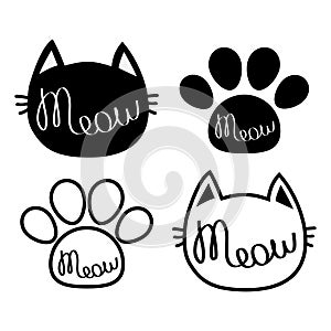 Black cat head. Meow lettering contour text. Paw print. Cute cartoon character silhouette icon set. Kawaii animal. Baby pet collec photo