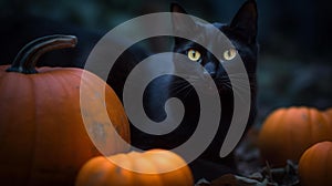 Black Cat Hiding Amongst Orange Pumpkins in Eerie Fog