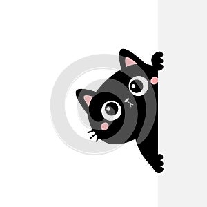 Black cat holding big empty signboard. Cute cartoon kawaii funny kitten kitty hiding behind paper wall. Flat design. Typography