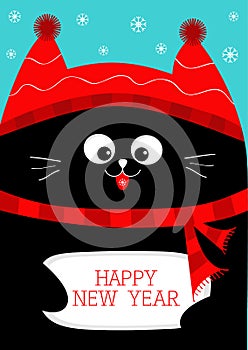 Black Cat holding Happy New Year. Cute funny cartoon character. Snow flake, red hat, scarf. Flat design Blue background.