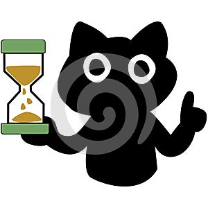 A black cat holding an hourglass clocks with sand. Time management.