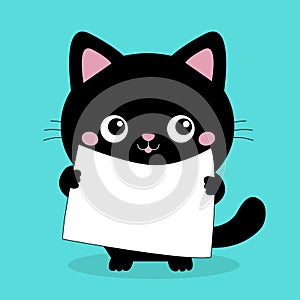 Black cat holding placard blank sign paper with paws. Web banner template. Kitten with big eyes. Cute cartoon funny baby character