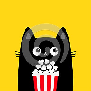 Black cat holding popcorn box. Cute cartoon funny character. Cinema theater. Film show. Kitten watching movie. Kids print for