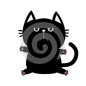 Black cat icon. Cute funny cartoon grumpy character. Kawaii animal. Big tail, whisker, eyes. Sad emotion. Kitty kitten Baby pet co