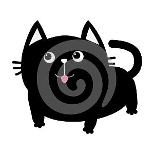 Black cat icon. Cute funny cartoon smiling character. Kawaii animal. Big tail, whisker, tongue, eyes. Happy emotion. Kitty kitten