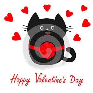 Black cat icon with round bow. Red heart set. Cute funny cartoon character. Happy Valentines day Greeting card. Kitty Whisker Baby