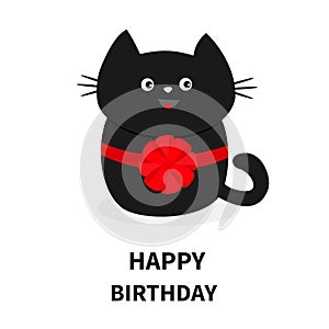 Black cat icon with round red bow. Cute funny cartoon character. Happy Birthday. Greeting card. Kitty Whisker Baby pet collection.