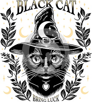 Black Cat Illustration with Florals, Moons and Big Witch Hat on White Background.