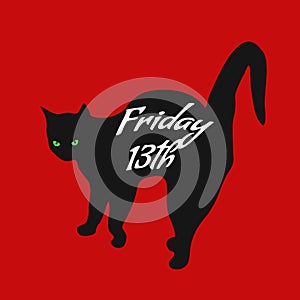 Black cat with inscription on back Friday the 13th on red background, vector eps 10